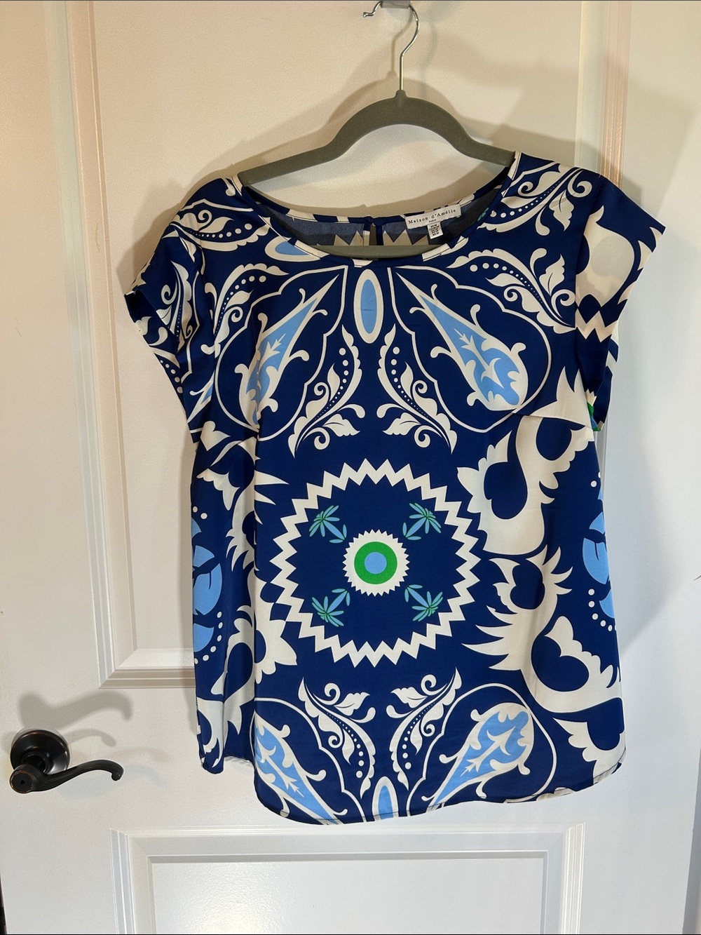 Printed Cap Sleeve Blouse in Navy, Light Blue & White Maison d’Amelie